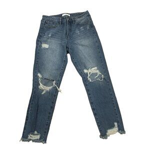 Kan Can Women's 5 /26" Distressed Denim Chewed Straight Hem Mid-Rise Jeans